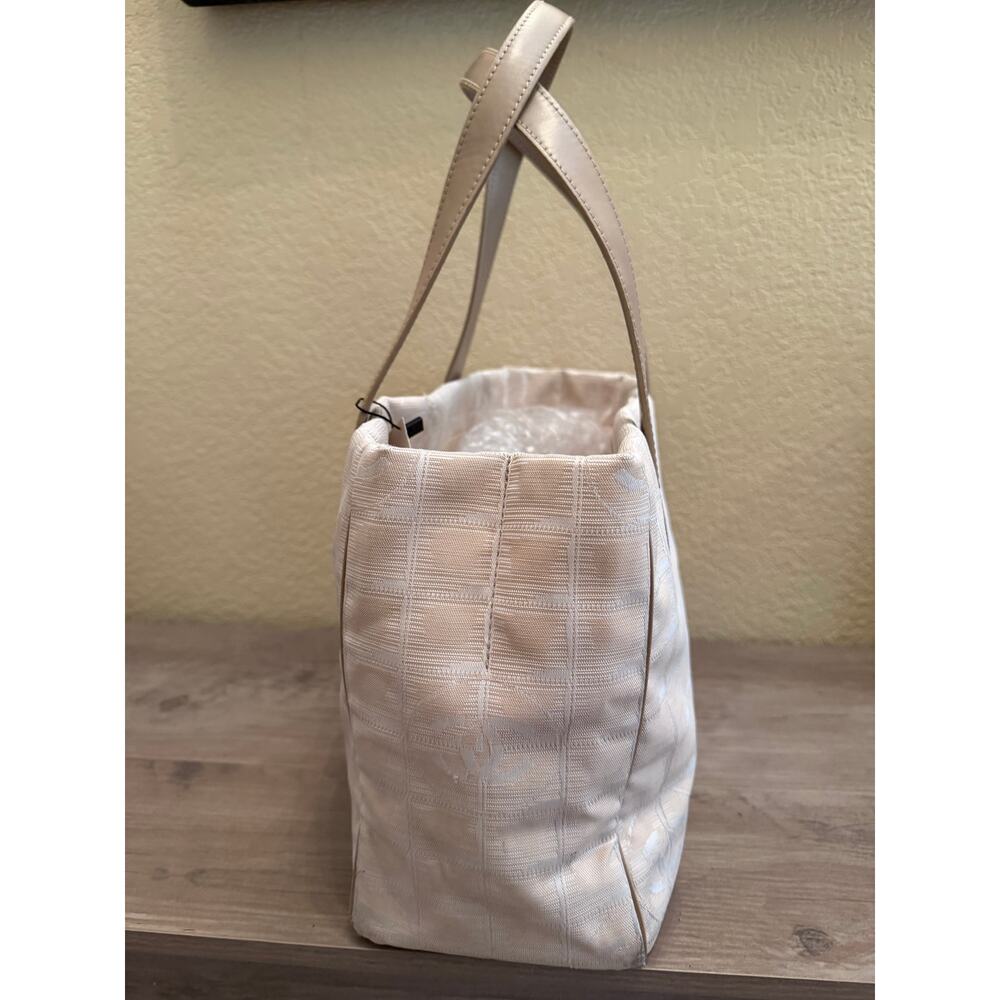 Vintage Chanel Travel Line Tote PM Beige Tan Jacquard CC Canvas Leather Handles - Picture 7 of 11